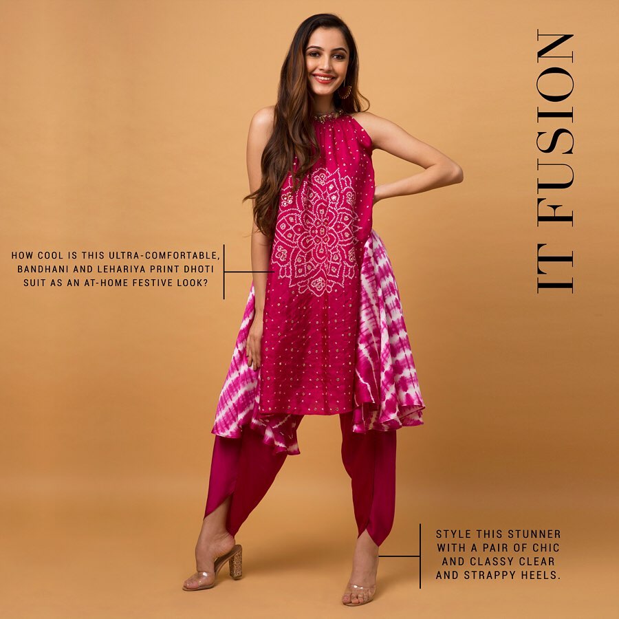 KALKI Fashion - Fusion at its best. The culmination of the traditional giants like bandhani and leheria prints results in a uber stylish dhoti set like this one. Style it with some oxidized jewelry to...