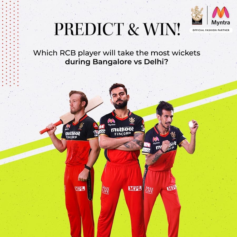 MYNTRA - #MyntraPredictionGame
Which RCB player will take the max wickets today? 

Answer using #MyntraPredictionGame (before match starts!)

1 lucky contestant gets #Myntra Gift Voucher worth Rs. 200...