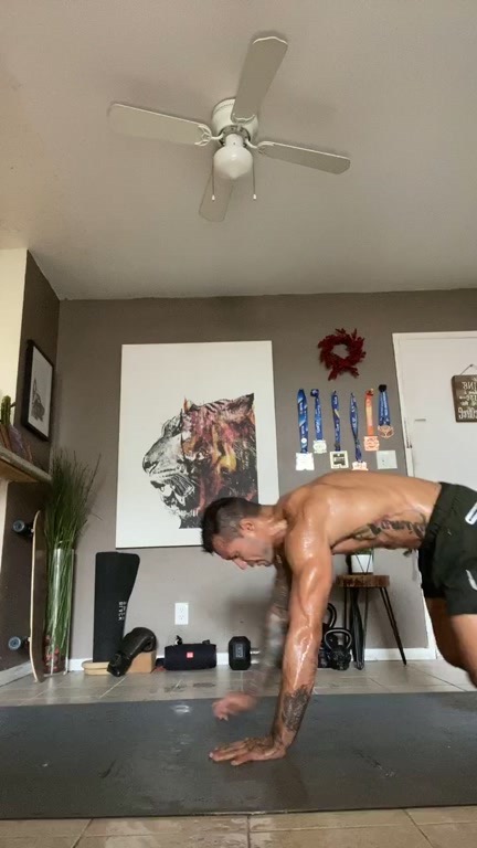 Onnit - 4 exercises  30 seconds each  6 rounds 
Take a 30 second break after each round is complete
—
1. Push-up Dives 
2. Table Top Bear Crawls 
3. Shoulder Tap to Push-up Swimmer
4. Elbow Plank Taps...