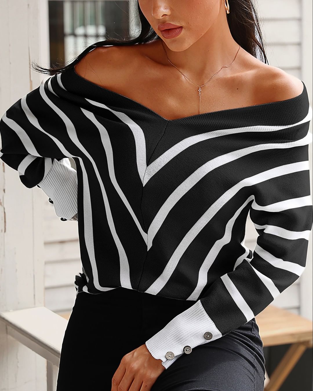 boutiquefeel_official - V Neck Popper Cuff Striped Casual Sweater⁠
Click boutiquefeel.com ACC1630  to search  get the specific price and size.⁠
 #fashion #ootd #style