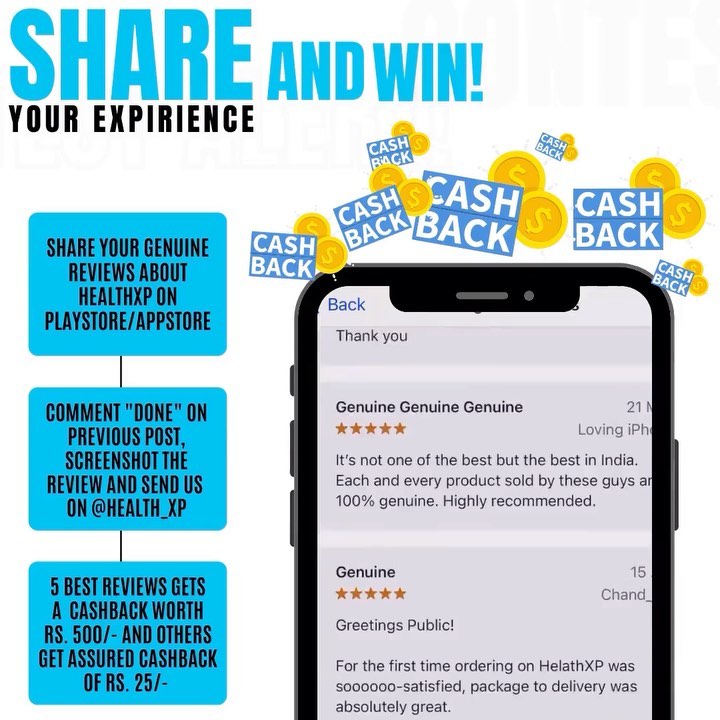 HealthXP® - CONTEST ALERT🚨
.
3 simple steps👇🏻
1. Share your genuine reviews about healthxp on playstore / appstore
2. Comment “done” on previous post
3. Screenshot the review and send us on @health_xp...