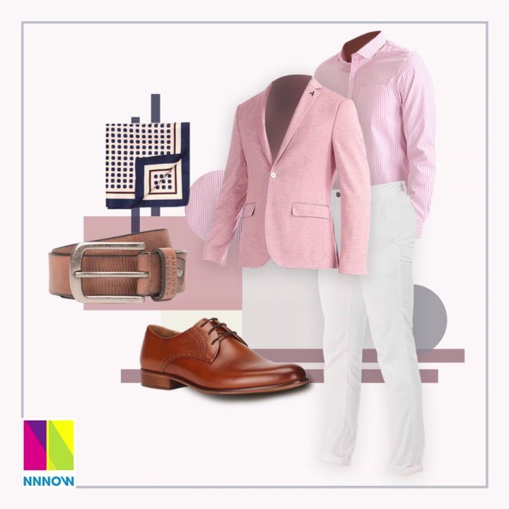 NNNOW - On Wednesdays, men wear pink too! 

Give your formal look a contemporary touch with a striped rosy tinge shirt underneath a solid salmon colored blazer. Pair it with a light colored trouser, o...