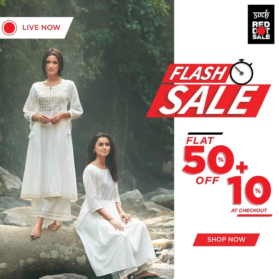 Soch - FLASH SALE ALERT!
Shop your heart out with the Soch Flash Sale at flat 50% off + additional 10% off-online!  Link in Bio. 

Shop your Soch favourites before it goes out of stock! 

#Flashsales...