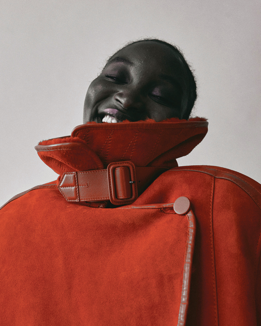 Salvatore Ferragamo - Winter Joys. Model Diarra Ndiaye luxuriates in the warmth of a lipstick red shearling coat from the #FerragamoAW20 runway, featured in an editorial from @drepubblicait