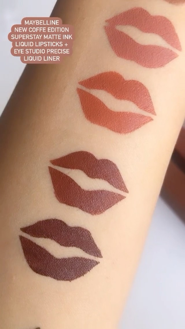 Maybelline New York - The perfect lippies for the Fall. 🍁 Shown here from top to bottom: #superstaymatteink coffee edition in ‘chai genius’, ‘hazelnut hypnotizer’, ‘caramel collector’, ‘cocoa connoiss...