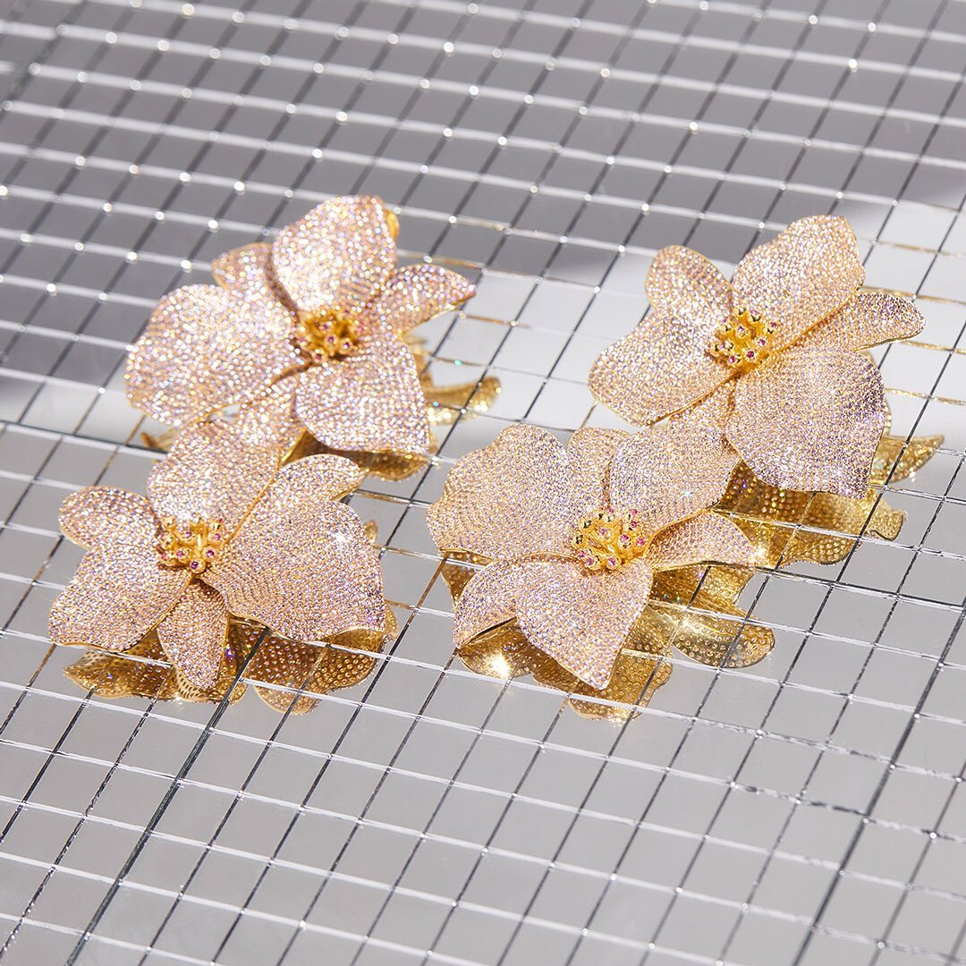 AQUAZZURA - Part of the exclusive collection Begüm Khan x AQUAZZURA, our Botanical Garden Earrings, encrusted with light pink sapphires, are the perfect gift for the glamorous, nature-loving woman. @b...
