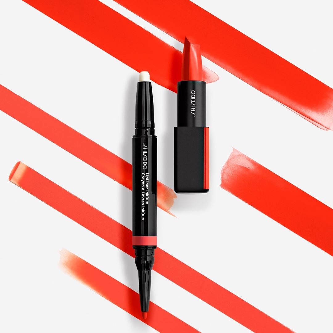 SHISEIDO - Play with fire! Spice up your makeup routine using LipLiner InkDuo in Geranium and ModernMatte Powder Lipstick in Torch Song. #ShiseidoMakeup #JapaneseBeauty