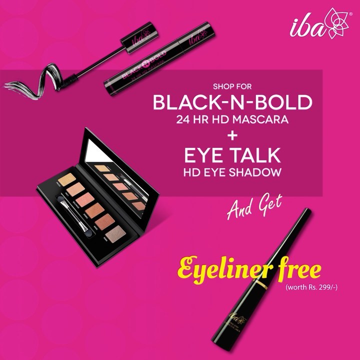 Iba - All Eye Makeup essentials covered 😍🥰 An offer like never before! 

Buy any EYE TALK HD Eye Shadow Palette - Rs. 799 
🧡 Glam Life 
💜 Party Vibes 
🤎 Smoky Passion 
+ 
Black N Bold HD Mascara - Rs....