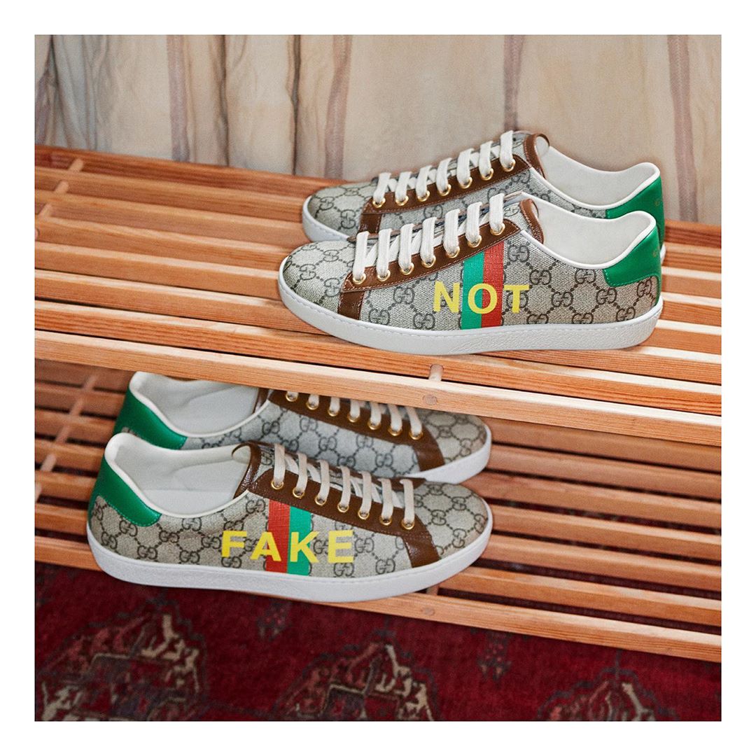 Gucci Official - #GucciAce sneakers feature an ironic wordplay bearing the word ‘Fake’ in capital letters against a 
reinterpretation of the green and red Web stripe with the word ‘Not’ on the other...