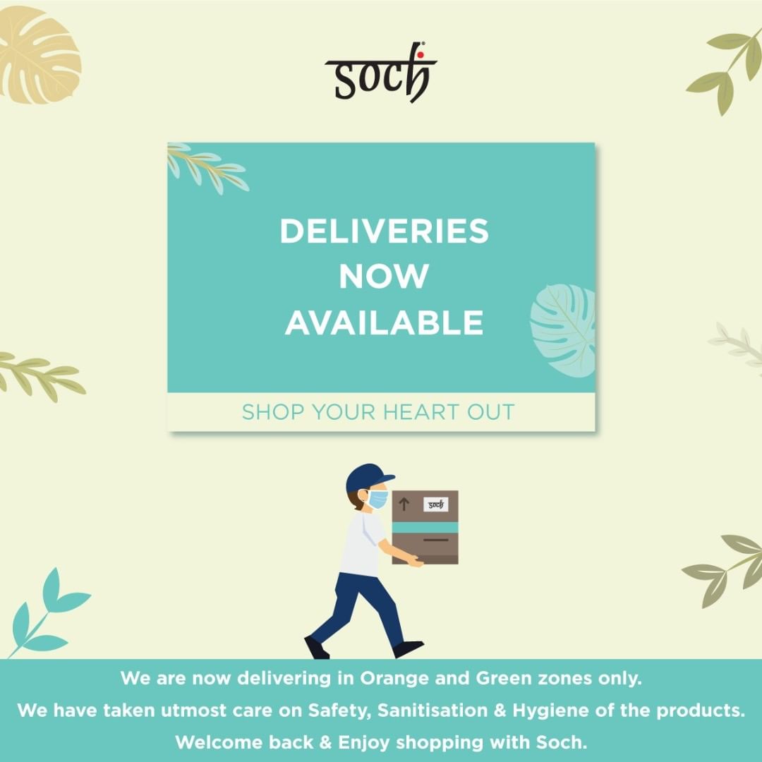 Soch - We have some good news! As per government guidelines, we are now delivering your favourite Soch outfits in Orange and Green zones.
Welcome back & enjoy shopping your favourite ethnic wear with...