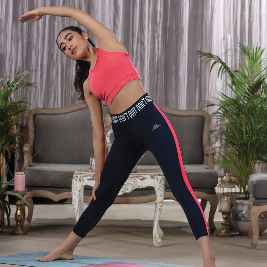 Lifestyle Store - Try out new yoga postures and dress for it like a pro with @gloriatep! Get the latest hydroway sportswear like this coral typographic printed sports bra coordinated with these typogr...