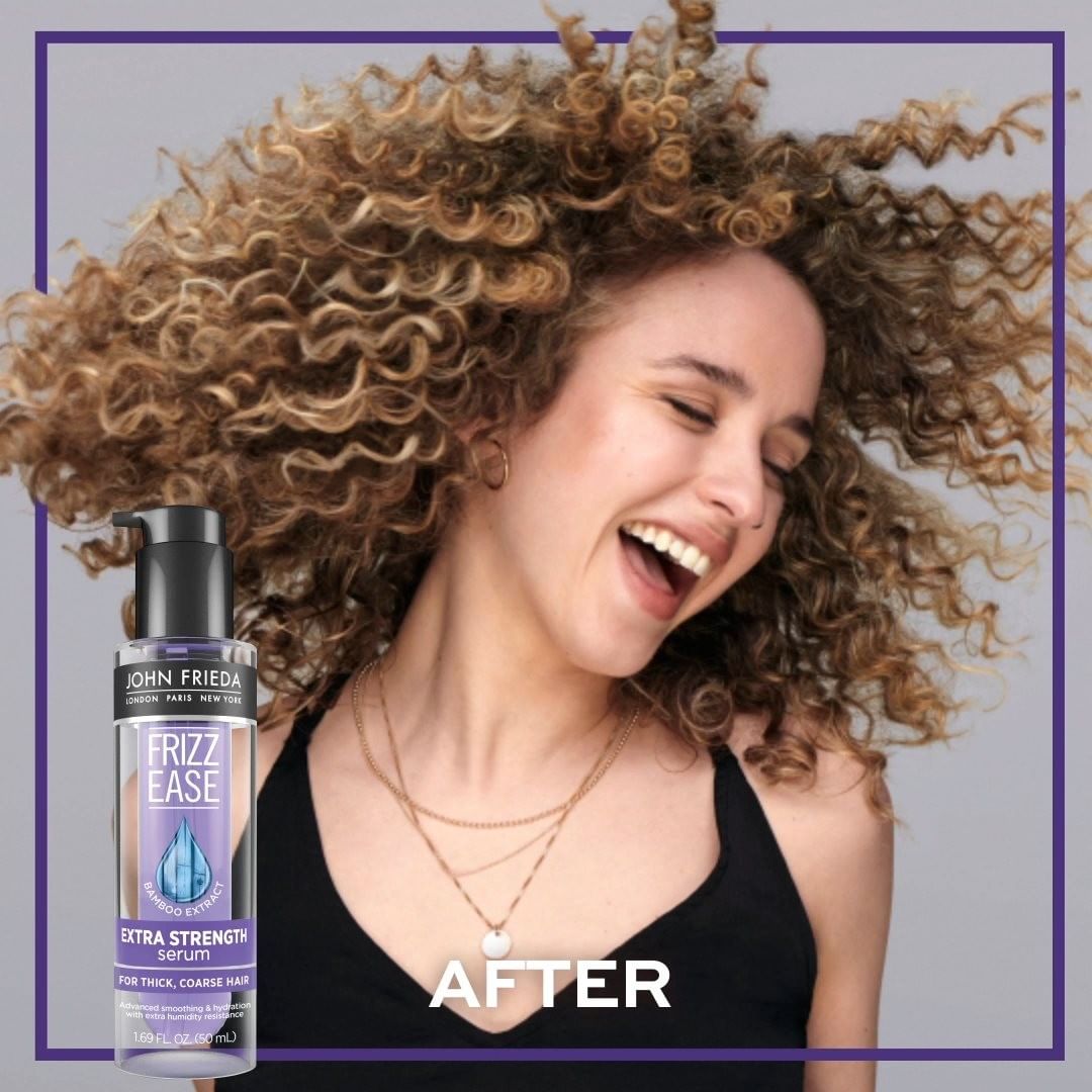 John Frieda US - Fierce, not frizzy! 🙌 Transform your curls with Frizz Ease Extra Strength Serum. This powerful frizz serum helps give your curls a smooth, defined texture without weighing them down....