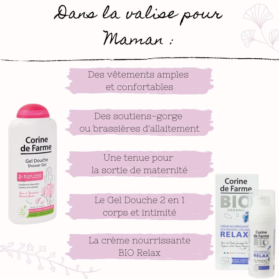 Corine de Farme France - On vous a préparé une petite liste des indispensables à emmener avec soi à la maternité ! 
Parmi eux : 
le Gel Douche corps et intimité à l’extrait de fleur d’Amandier pour ne...