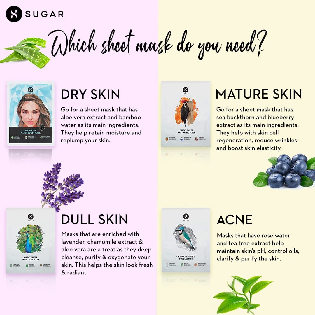 SUGAR Cosmetics - Guide to choose the right sheet mask. ⁠
.⁠
.⁠
💥 Tap to shop now👆🏼
.⁠
.⁠
#TrySUGAR #SUGARCosmetics #Makeup #MakeupTips #Mask #FaceMask #SheetMask #Skincare #MakeupTipsAndTrick #DrySki...