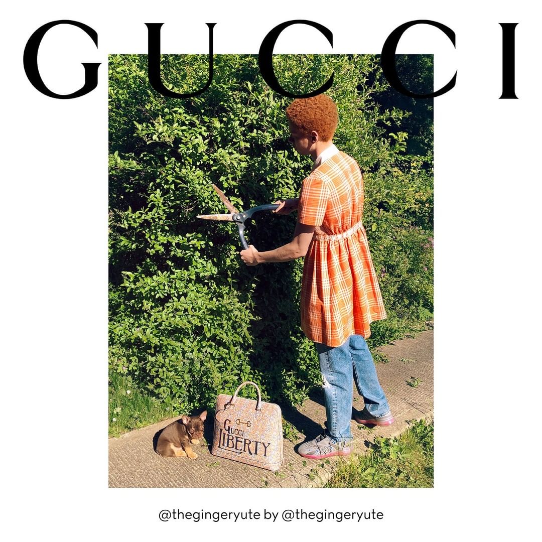 Gucci Official - Gardening with @thegingeryute in an image from the #GucciTheRitual campaign. Seen next to a puppy is the #GucciHorsebit1955 duffle bag featuring a print from @libertylondon and the #G...