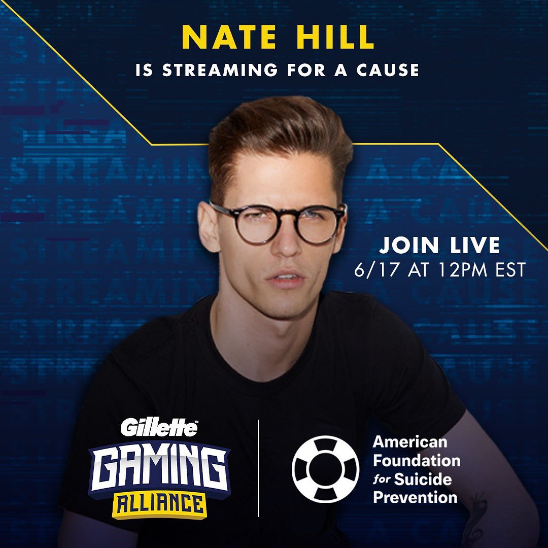 Gillette - @NateHillTV is streaming for @afspnational. Join in to help him raise money for a great cause on 6/17 at 12PM EST. Link to join in bio.