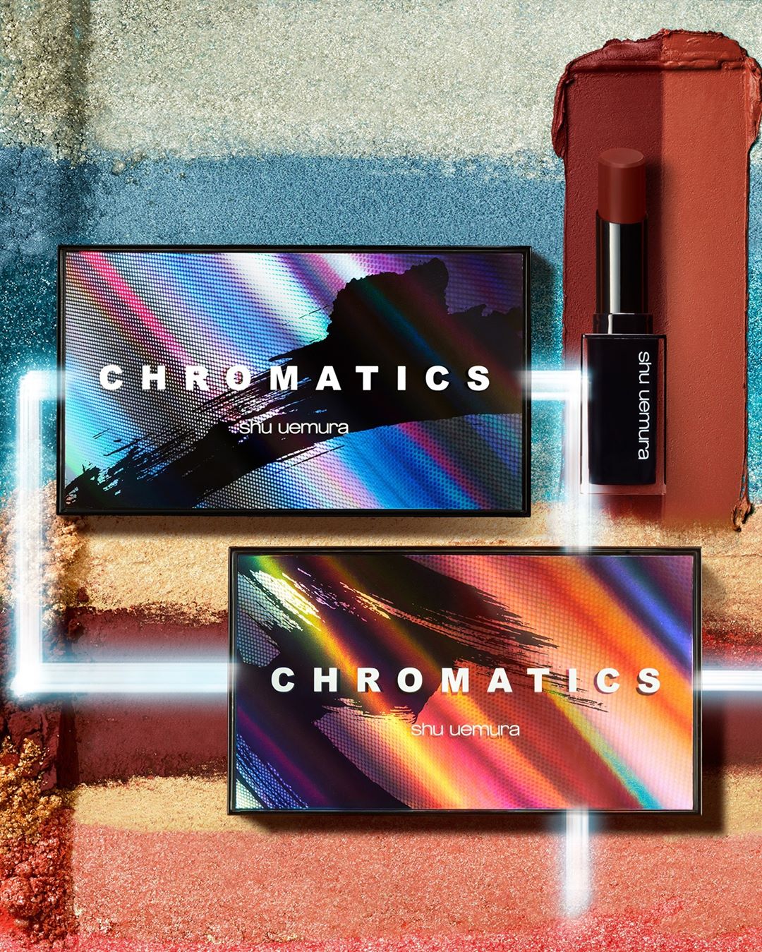 shu uemura - eye looks get bolder, patterned, graphic. traditional elements are modernized in a digital world. immerse yourself in color vibrancy with teals and oranges,  elevate your looks to new col...