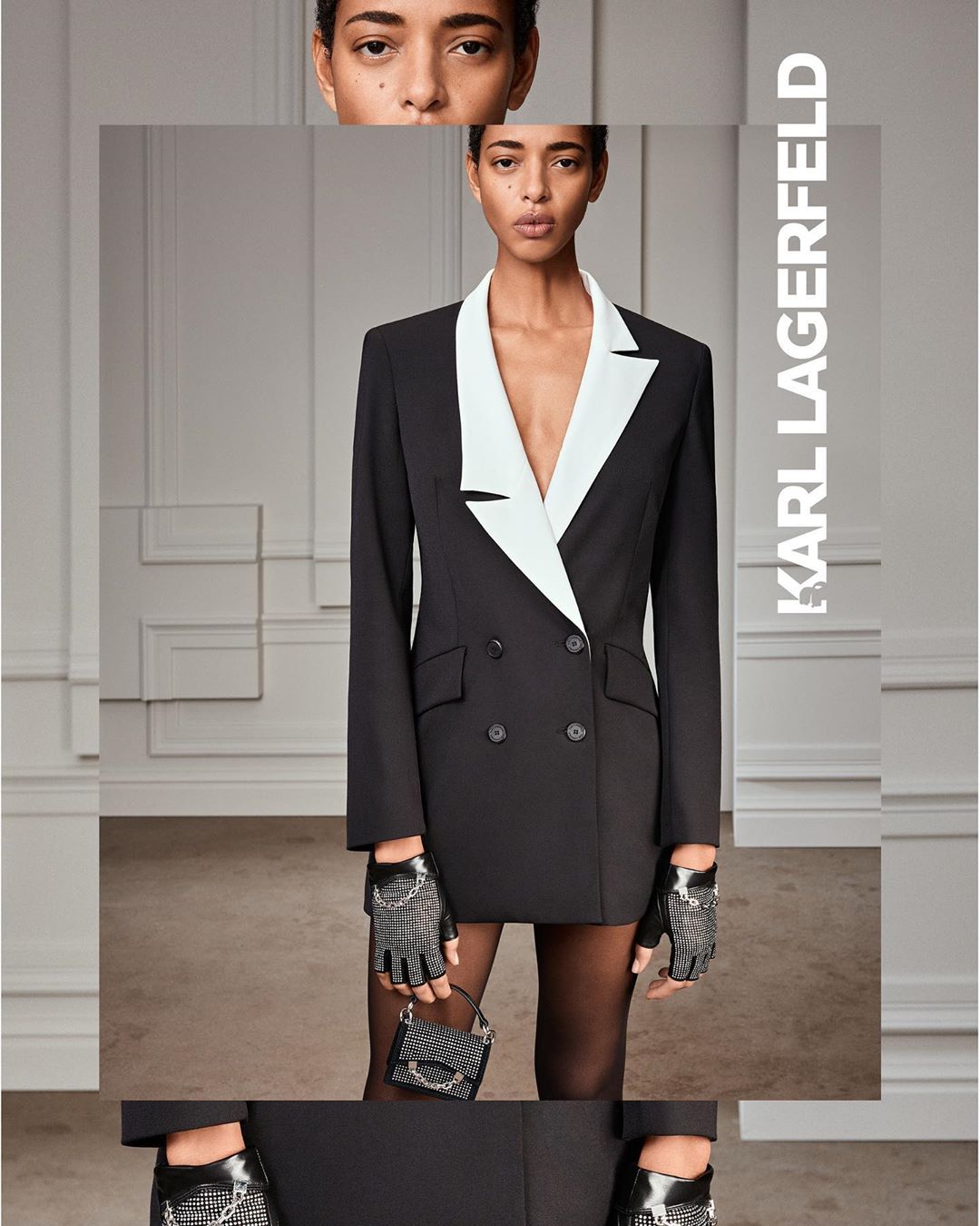 KARL LAGERFELD - Inspired by a tuxedo dress from Karl’s SS90 collection, this modern replica features the same asymmetrical lapels and color blocking as his original design. Discover the STUDIO KL col...
