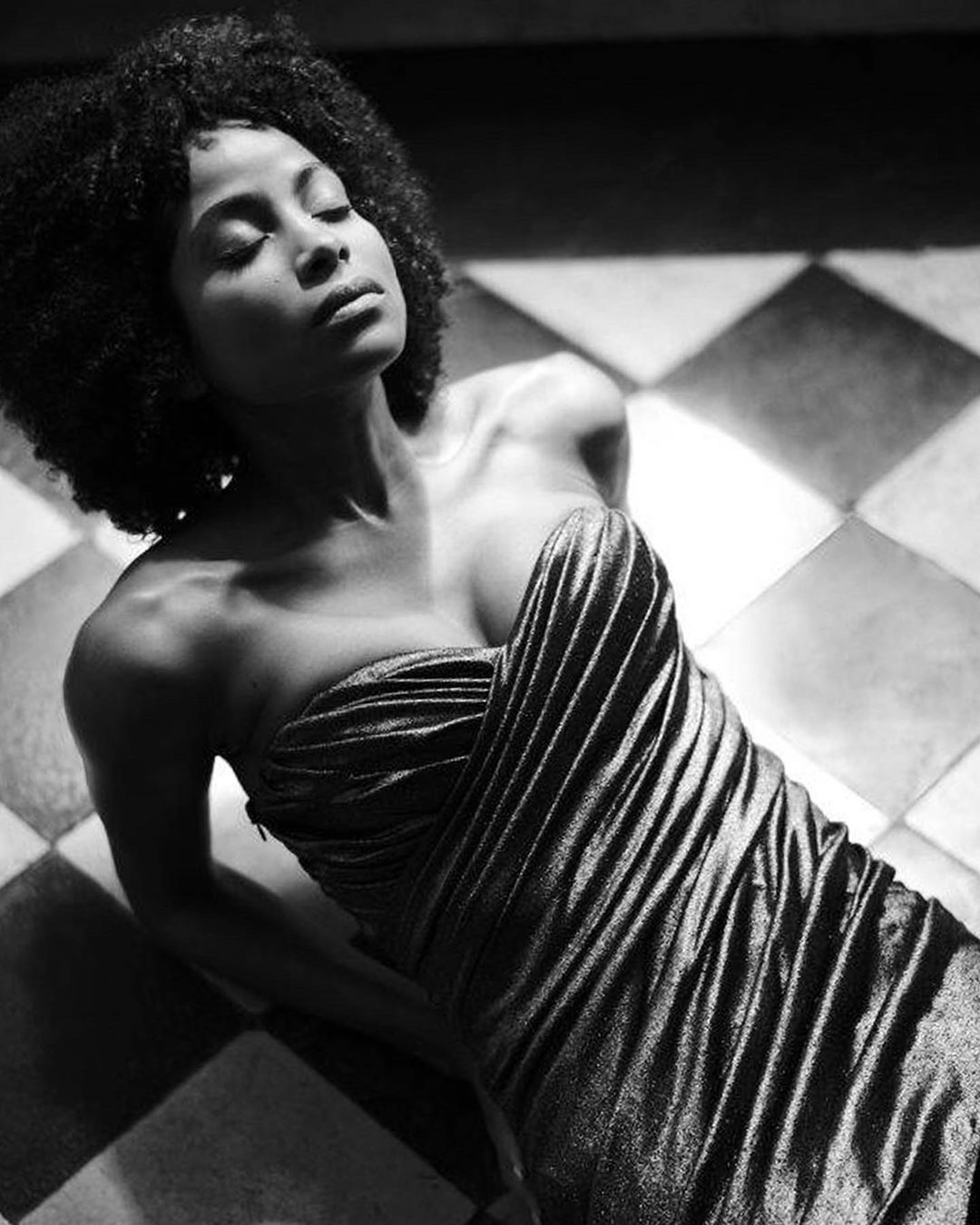 ＡＺＺＡＲＯ • maison de couture - ON THE FLOOR soul of freedom within the lockdown. Fierce Khadia wearing the gold lurex jersey bustier dress from the latest Azzaro Ateliers collection, shot during the qua...