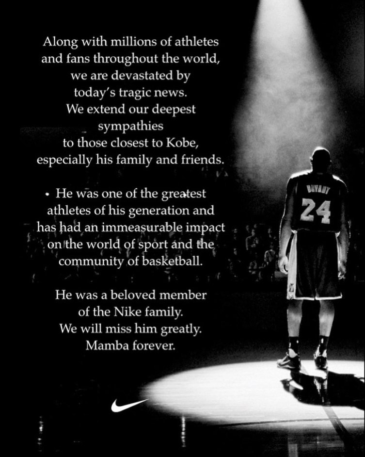 Nike - Mamba forever.
Our condolences to Kobe and Gianna's family and everyone involved in today’s tragedy.