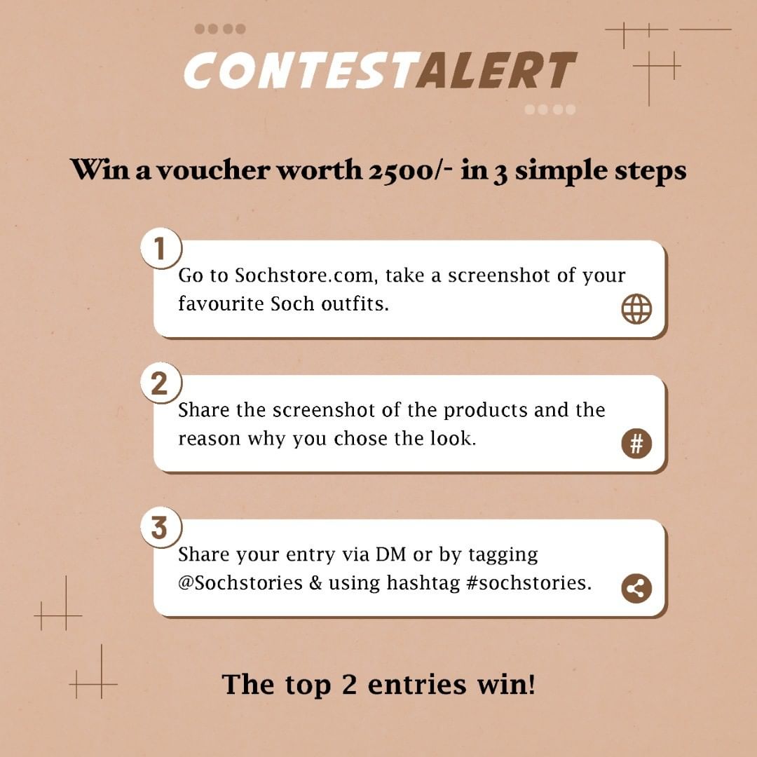 Soch - In 3 simple steps, stand a chance to win vouchers worth Rs 2500! 
Just follow these steps and you could be the lucky one to WIN! 
Don’t forget to follow us! 
#ContestAlert #sochstories