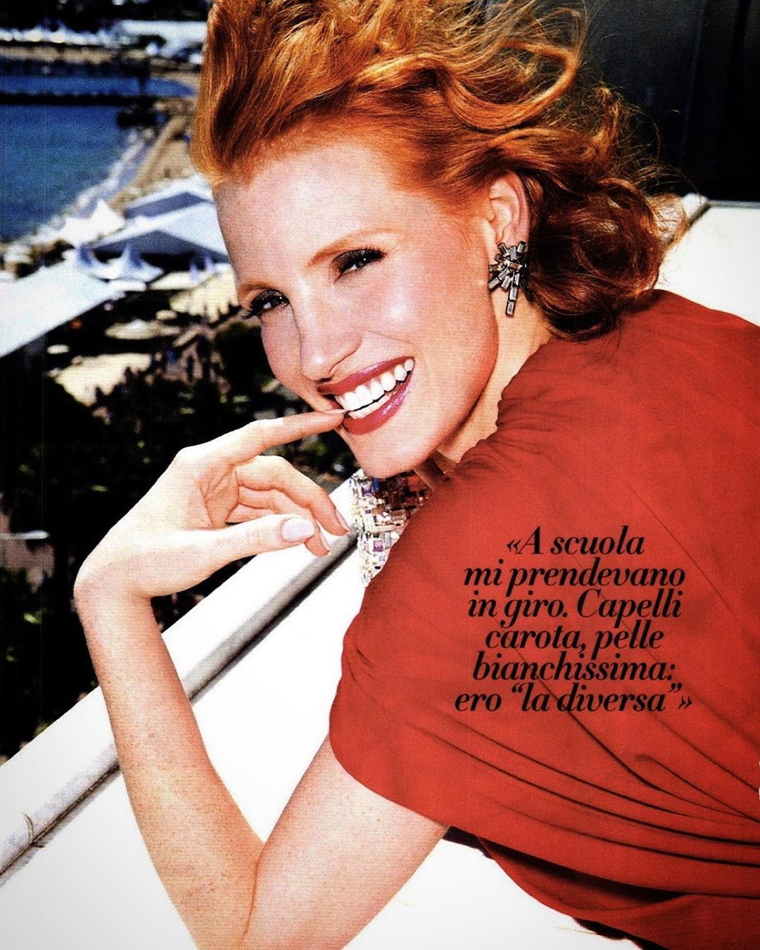 ＡＺＺＡＲＯ • maison de couture - RED SUMMER gorgeous @jessicachastain through the lens of legendary @ellenvonunwerth for @vanityfair at the mythical Martinez hotel looking radiantly at the shore, styled b...