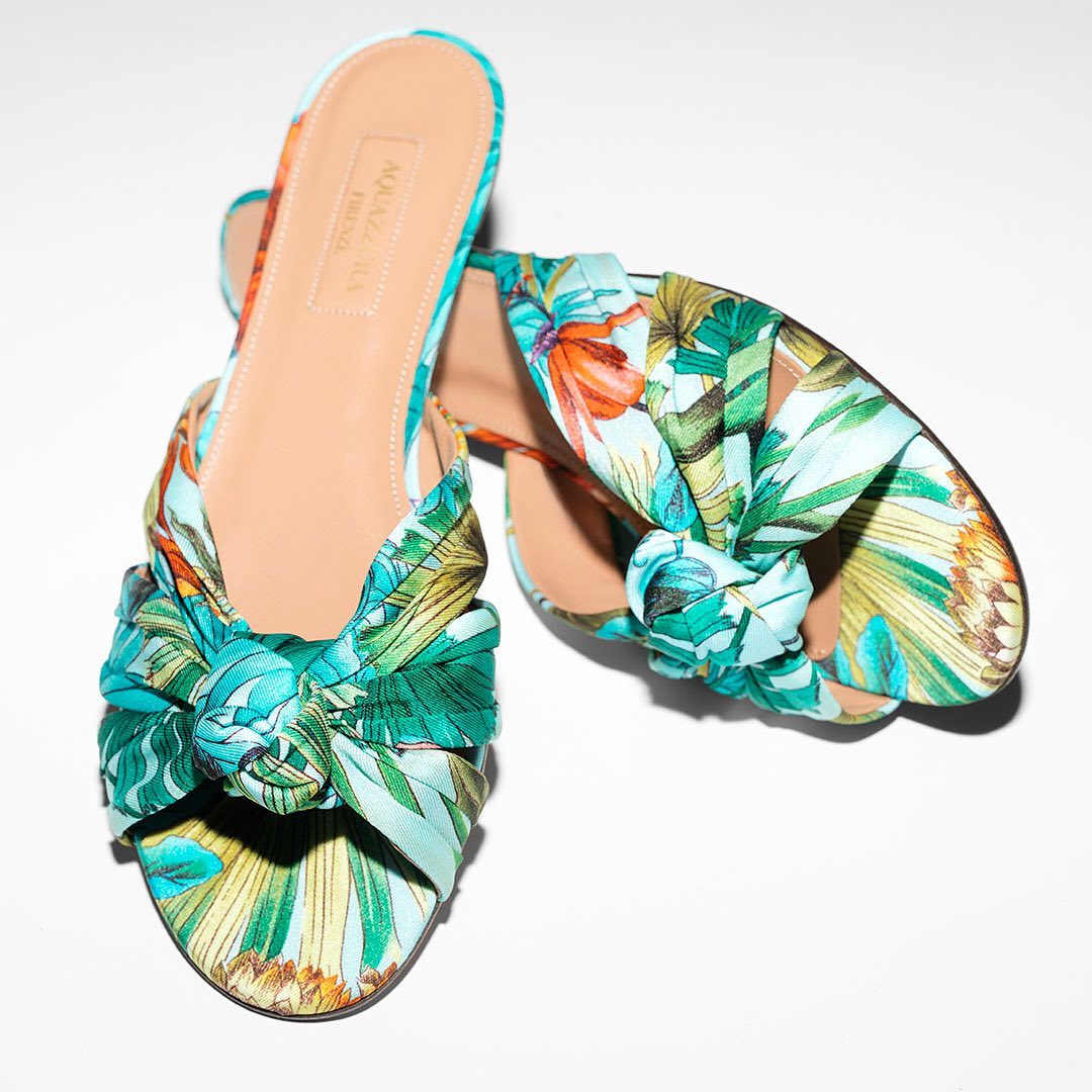 AQUAZZURA - Summer’s statement: our Menorca Flat in colorful tropical paradise fabric in vivid green. Take a closer look at the different styles on aquazzura.com and in boutique. #AQUAZZURA #AQUAZZURA...