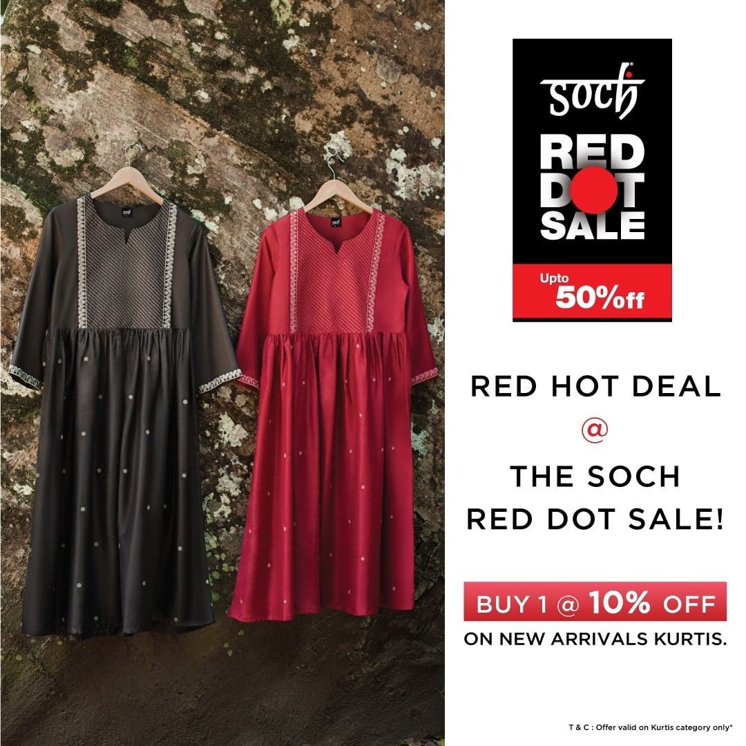 Soch - The most exciting Red Hot Deals of this season’s Red Dot Sale! Buy1 @ 10% off, Buy 2 @ 20%off, Buy 3 @ 30% off on all new arrivals Kurtis Range! Shop now! Link in Bio.