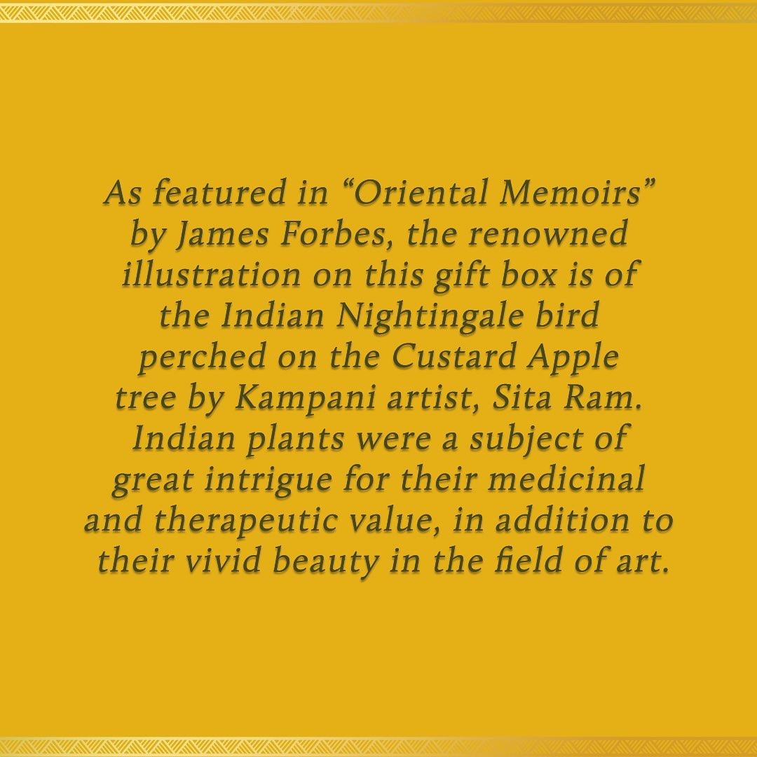 forestessentials - As featured in “Oriental Memoirs” by James Forbes, the renowned illustration on this gift box is of the Indian Nightingale bird, Bulbul, perched on the Custard Apple tree by Kampani...