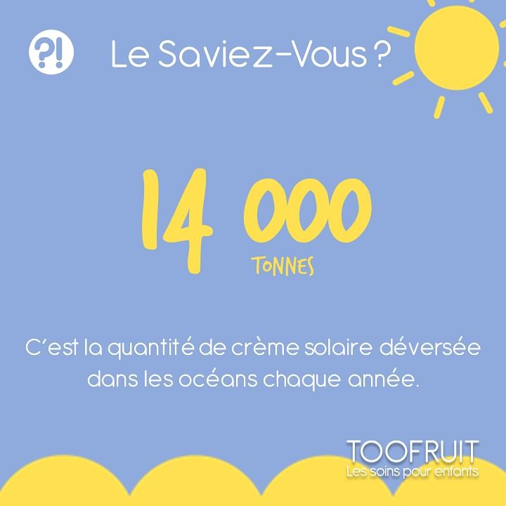 TOOFRUIT - [LE SAVIEZ-VOUS ?]
Chaque année, ce sont plus de 14000 tonnes de crème solaire qui sont déversées dans les océans🌊. C’est pourquoi, en développant notre Lait Solaire Haute Protection indice...