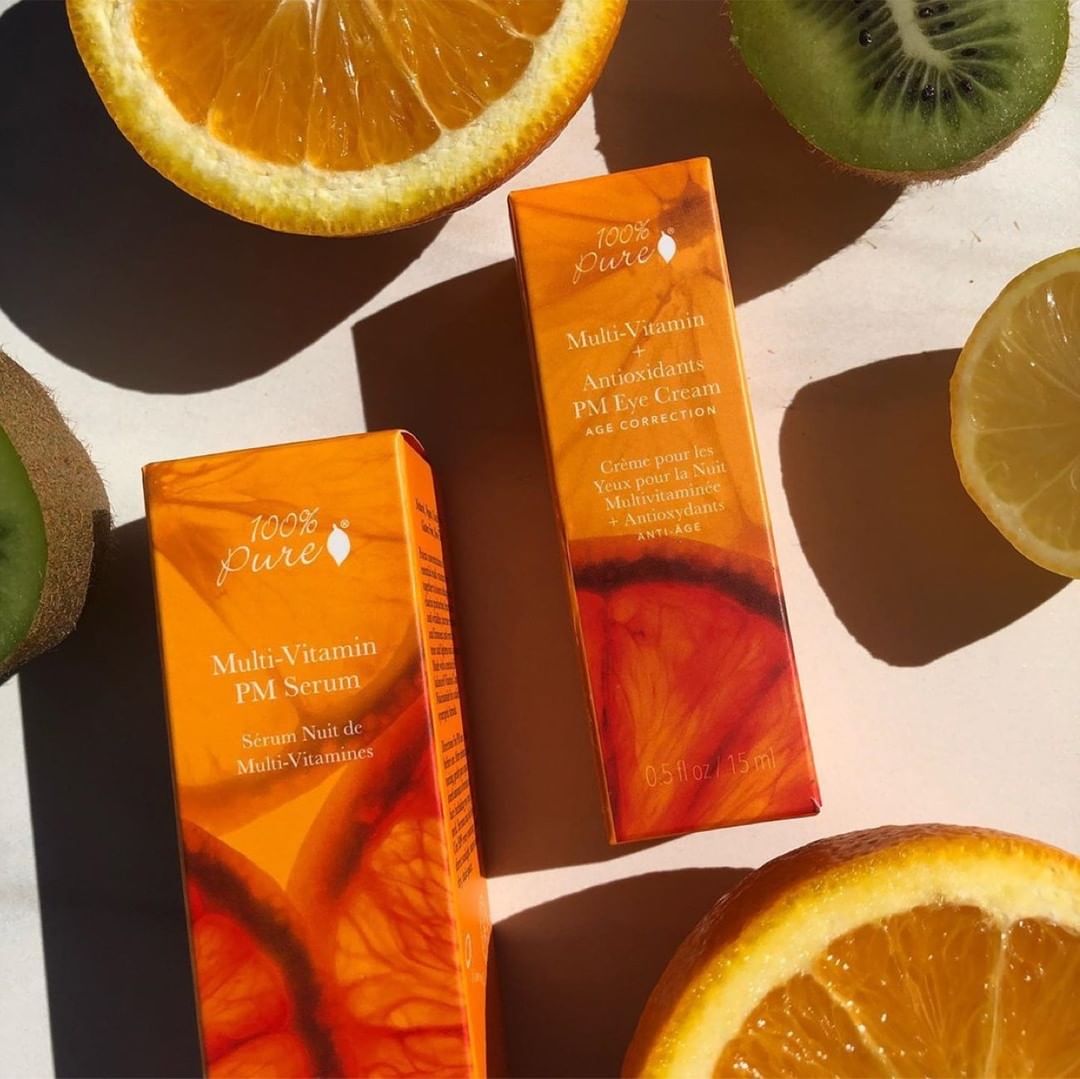 100% PURE - We've got citrus on our mind... 💭🍋🍊The 100% PURE Multi-Vitamin PM Serum and Multi-Vitamin + Antioxidants PM Eye Treatment are just what your #summerskin needs. Potent, stabilized vitamins...