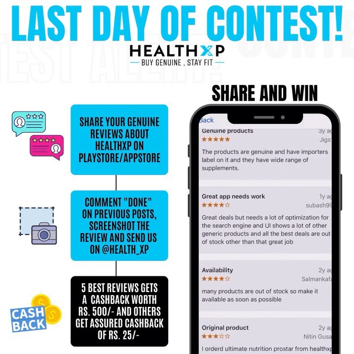 HealthXP® - CONTEST ALERT🚨
.
3 simple steps👇🏻
1. Share your genuine reviews about healthxp on playstore / appstore
2. Comment “done” on previous to previous post
3. Screenshot the review and send us o...