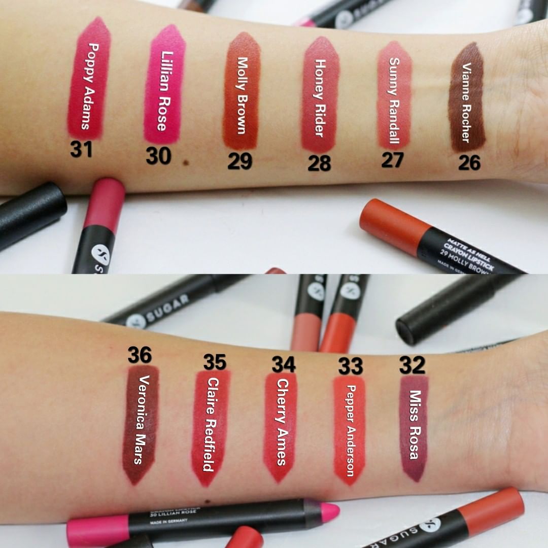 SUGAR Cosmetics - Pamper your lips with these 11 shades of the newly launched Matte As Hell Crayon Lipstick range. 🥰⁠
In frame: @makeup_byfairy⁠
⁠
Swatches of:⁠
💄 Matte As Hell Crayon Lipstick⁠
.⁠
.⁠...