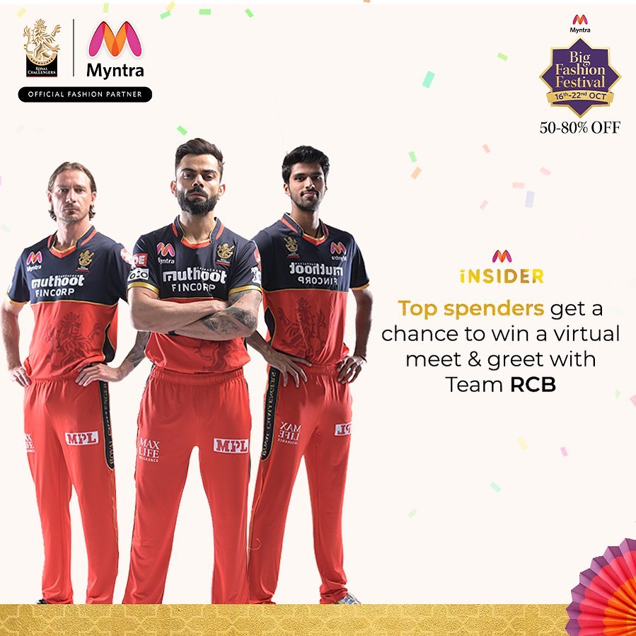 MYNTRA - Enjoy perks of being a Myntra Insider - Icon! Top 7 spenders get a chance to win a virtual meet & greet with RCB players. Tune in to the @myntra app for the Big Fashion Festival.
The Myntra’s...