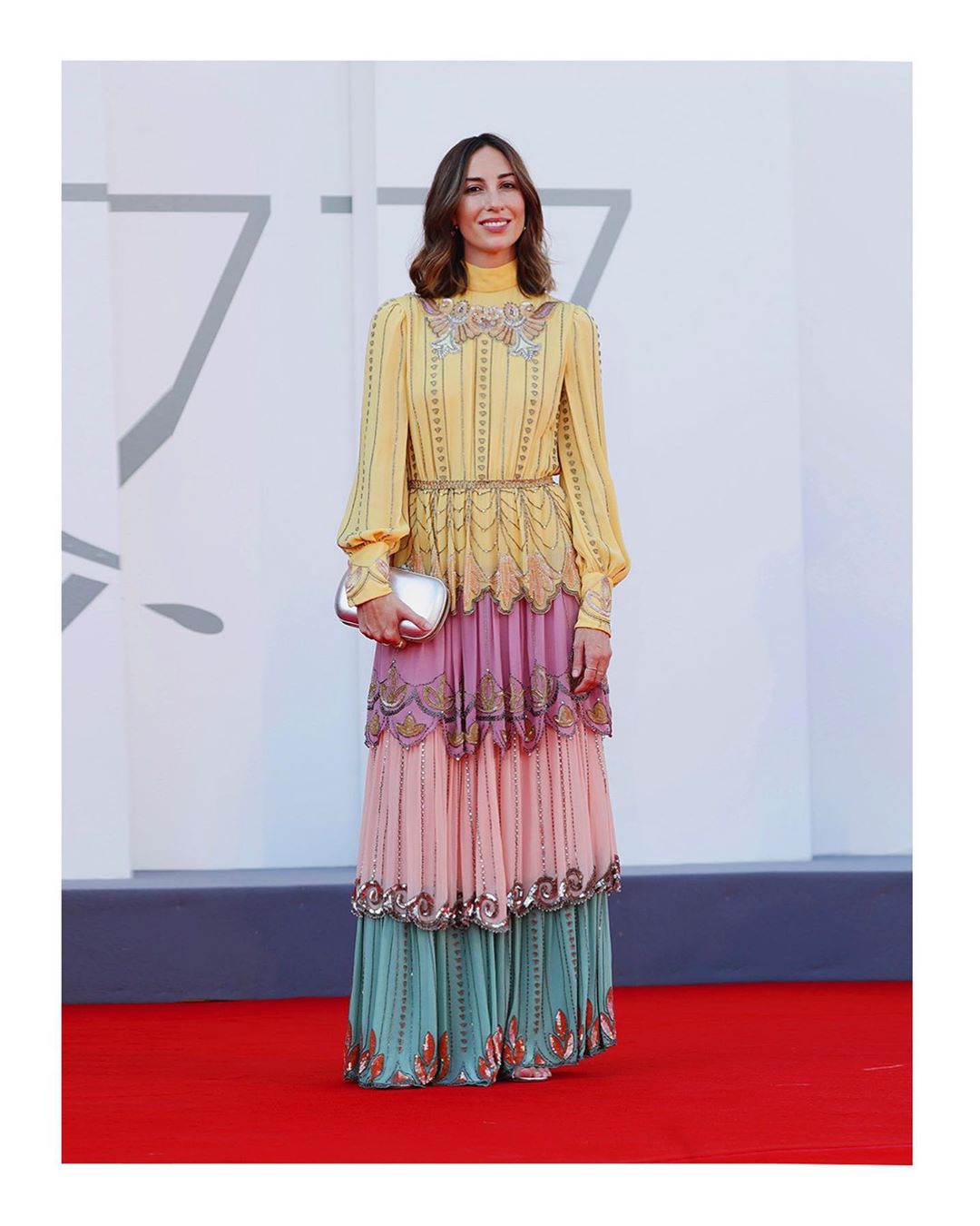Gucci Official - Director Gia Coppola @mastergia wore #GucciCruise20 silk georgette gown with all-over multicolor crystal and sequin embroideries with high heel sandals and a metallic leather clutch d...