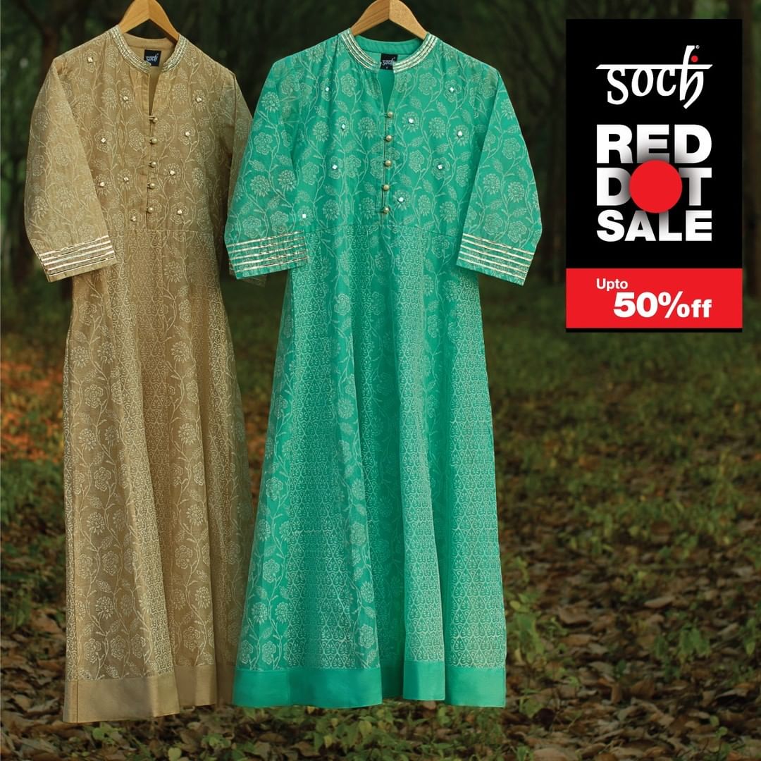 Soch - Add a refreshing ethnic twist to your wardrobe with these anarkali Dresses featuring mandarin collar and mirror work with unique buttons. 

These can be worn individually as a smart casual or t...