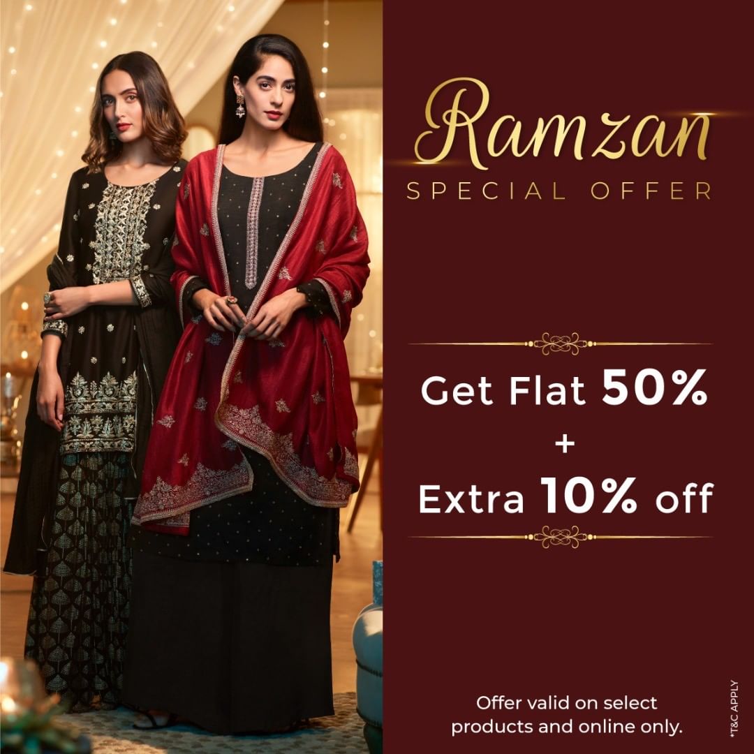 Soch - Classy and Elegant collection curated to make your festive day special. 
Here’s an offer to make your Ramzan shopping experience better. Shop now! 
Link in Bio!