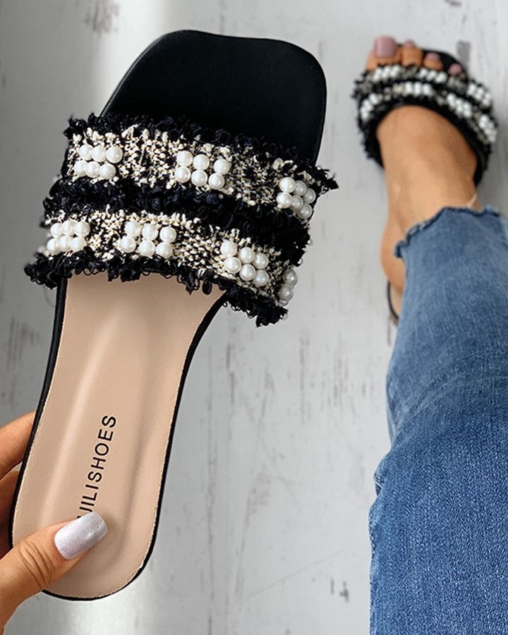 boutiquefeel_official - Beaded Detail Tweed Mule Sliders⁠
⁠
Click boutiquefeel.com to search LZT3024  get the specific price and size.⁠
 #workout #style #love