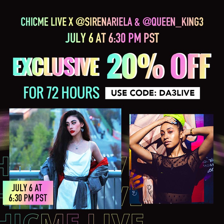 Chic Me - ChicMe Try On Haul - Live ⁠
with @sirenariela & @queen_king3⁠
Exclusive 20% off for 72 hours⁠
CODE: DA3LIVE⁠
#chicmelive #live #sale