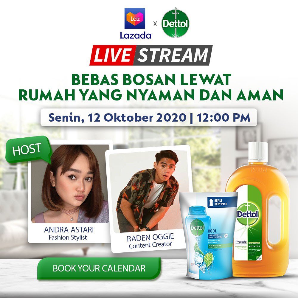 Dettol Indonesia - Jangan lewatkan livestream obrolan seru @dettolindonesia x @lazada_id "Bebas Bosan Lewat Rumah yang Nyaman dan Aman" bareng @andraastari dan @oggieraden Senin 12 Oktober 2020 pukul...