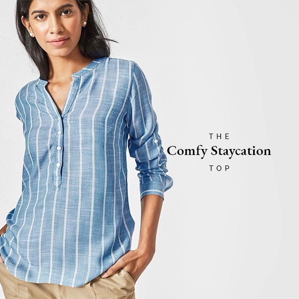 The Label Life - #TheLabelEssential: Relaxed staycations at home need comfort food, cool drinks and stripes of course! Add subtle embroidery, a cosy azure hue and classic button-down closure for endle...