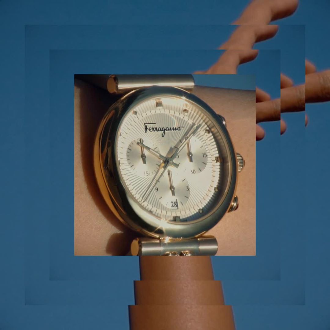 Salvatore Ferragamo - Timeless Appeal: The Ferragamo Ora watch featuring a guilloche dial with small studded indexes for a refined elegance. #FerragamoTime