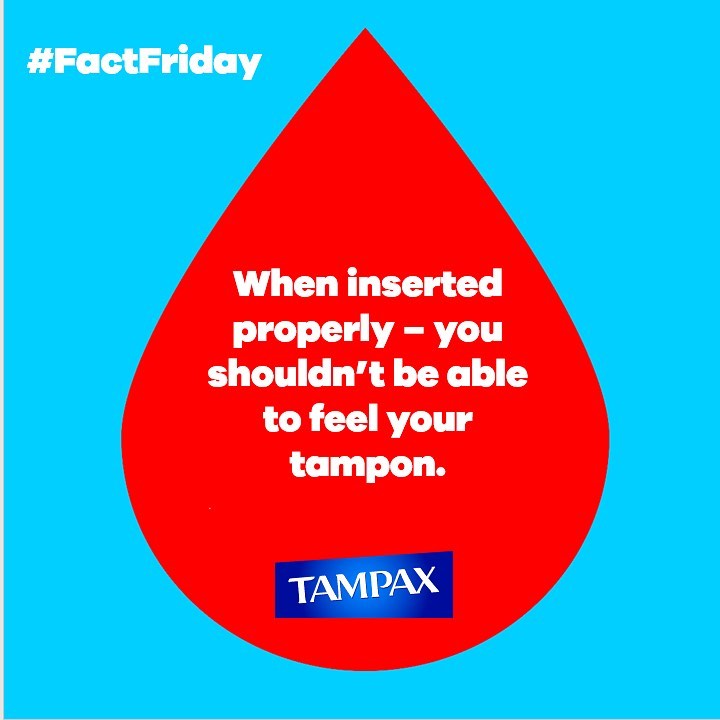 Tampax Tampons Official - Pro tip: If you can feel your tampon it's probably not up far enough. But don't stress! Just use your finger to push the tampon farther in and you're good to go. 🙌 
#factfrid...