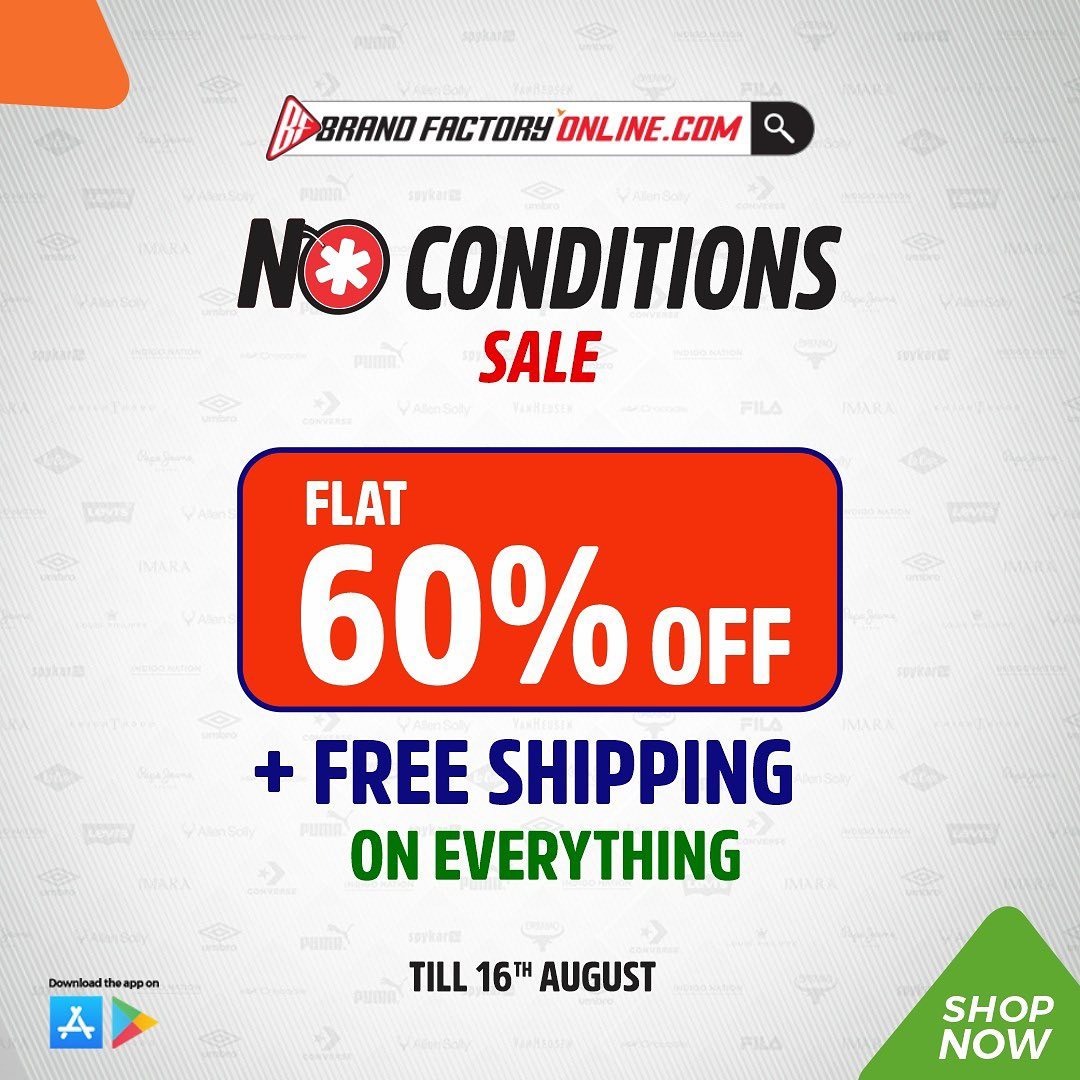 Brand Factory Online - Celebrate the FREEDOM of your choice! Shop top brands at FLAT 60% off + FREE SHIPPING! 🚌📦🛍 Offer valid till 16th Aug only 🚨