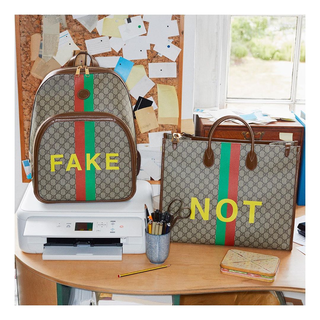 Gucci Official - A playful take on distinctive House codes, the words ‘Fake' and 'Not’ are displayed onto GG canvas, crafted into various backpacks and totes. Discover more through link in bio. #Gucci...