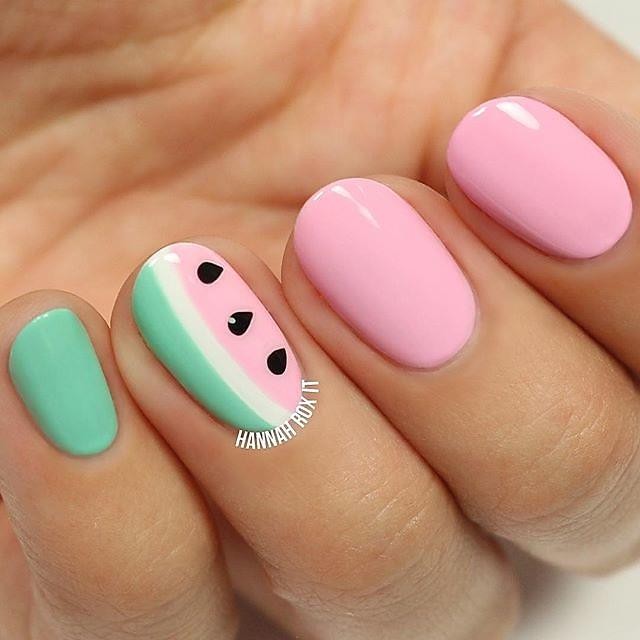 Sally Hansen - Take a slice of summer with this #NationalWatermelonDay mani by @hannahroxit! Nail this sweet look with Mintage, Smartease, Onyx-pected and Get Mod 🍉