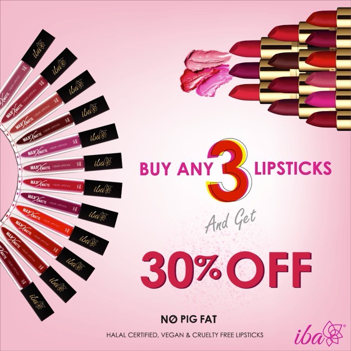 Iba - Buy any 3 of your favourite lipsticks & avail a flat 30% discount! 💄👄

💕Iba Pure Lips Maxx Matte Liquid Lipstick - Rs. 599!
💕Iba Pure Lips Moisture Rich Lipstick - Rs. 210!
💕Iba Pure Lips Long S...