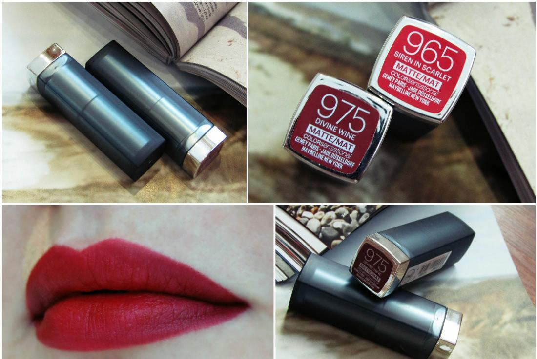 Шах и Matte. Помады Maybelline Color Sensational в оттенках 965 Siren in Scarlet и 975 Divine Wine