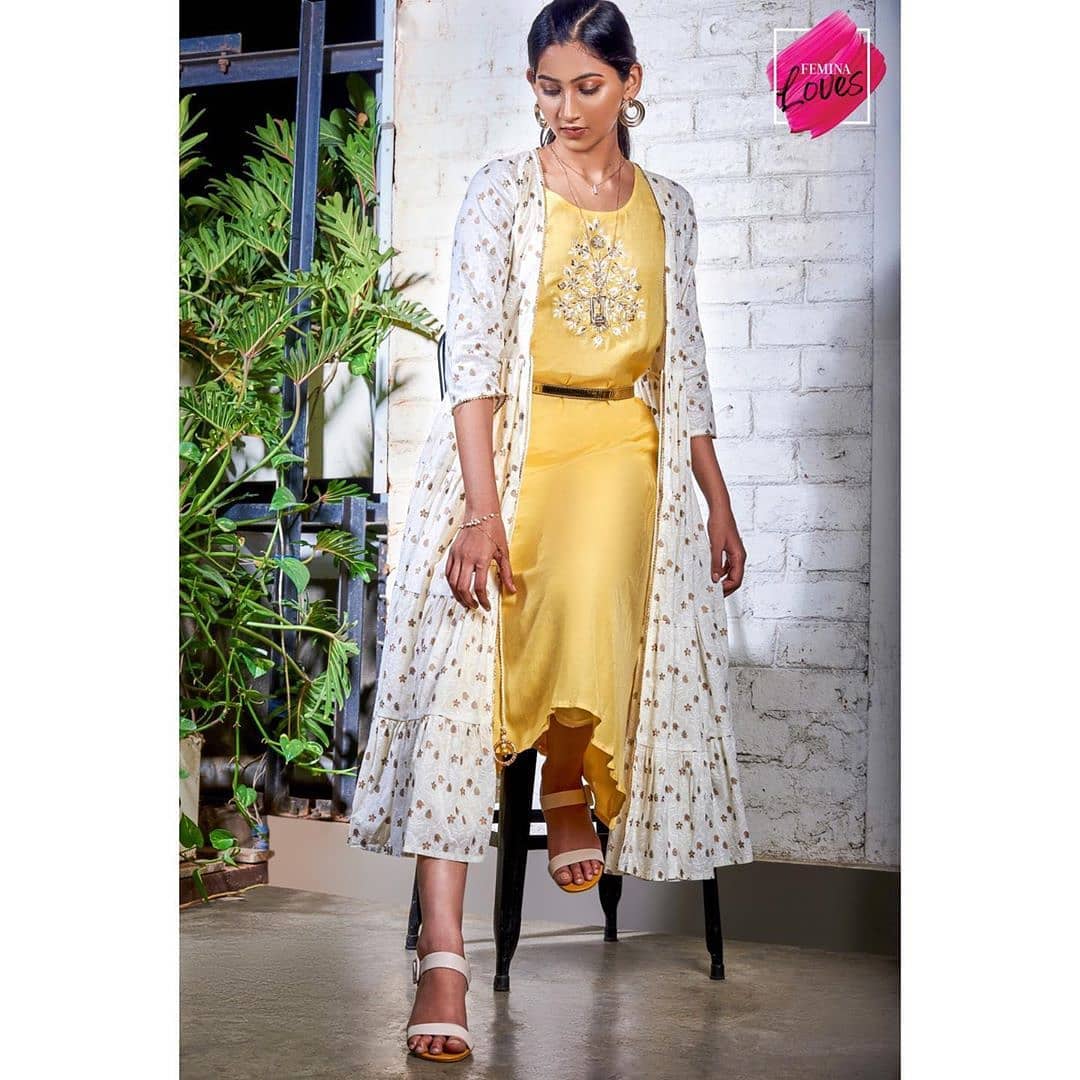 Lifestyle Stores - Reposted from @feminaindia Shine through the sunny side in a buttery yellow, motif embroidered kurta, layered with an off-white printed jacket. This understated fusion look is all y...