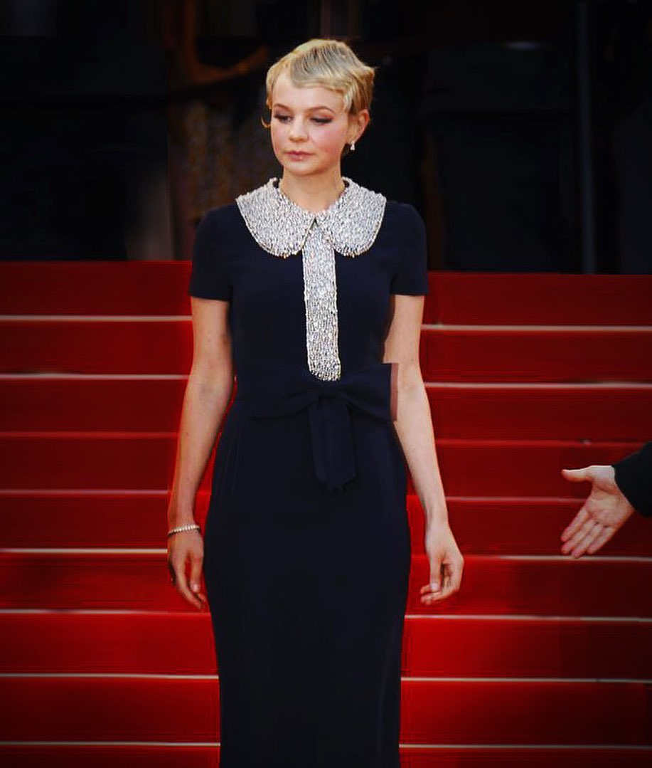 ＡＺＺＡＲＯ • maison de couture - RED SUMMER mesmerizing Carey Mulligan adorably into the spotlight of Cannes wearing for this precious moment an Azzaro long dress embroidered at the collar with crystals a...